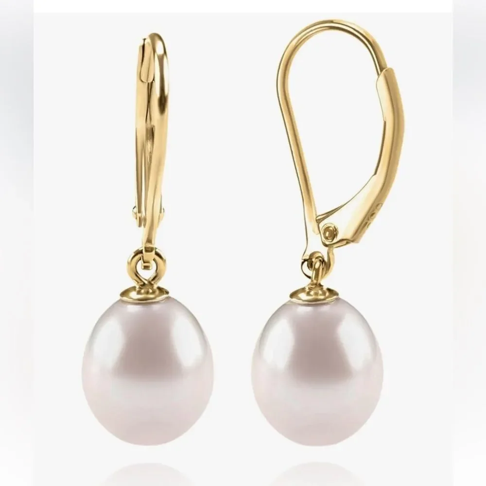 NEW 14K Gold Plated Gold and White Pearl Drop Hoop Earrings